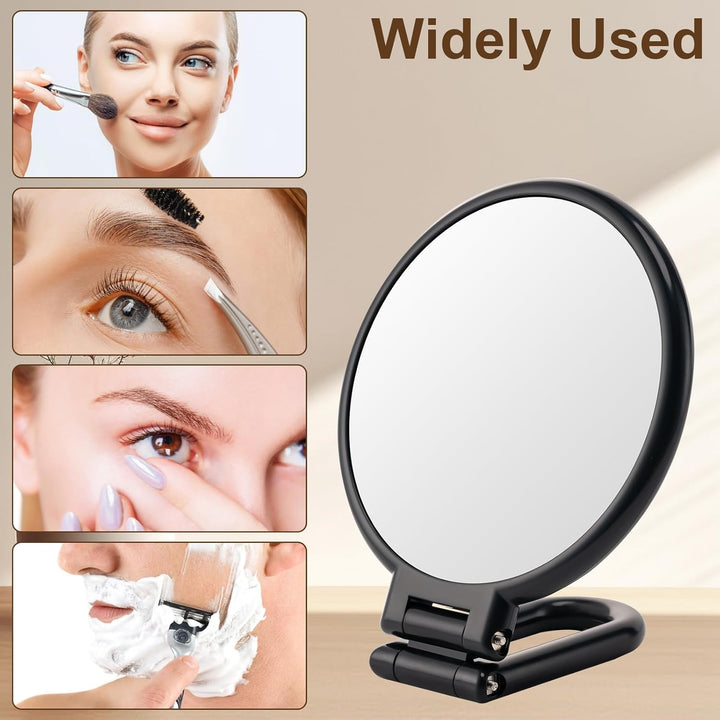 1X/10X Magnifying Handheld Mirror Double Sided, Foldable Travel Makeup Mirror, Adjustable Rotation Pedestal Hand/Hanging/Desk Vanity Mirror-Black