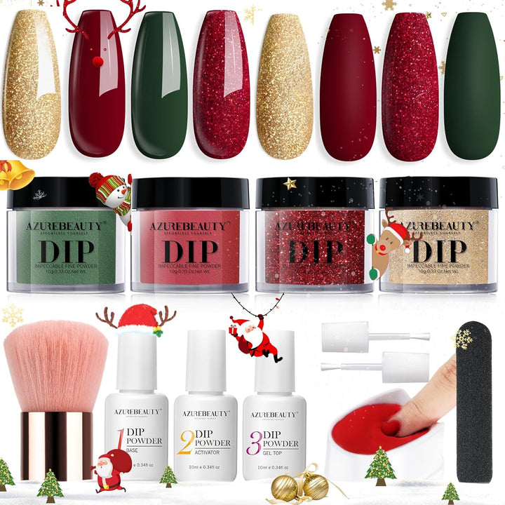 Dip Powder Nail Kit Starter, All Season Nude Skin Glitter 4 Colors Dipping Powder Liquid Set Recycling Tray with Base & Top Coat Activator for French Nail Art Manicure Salon DIY at Home.