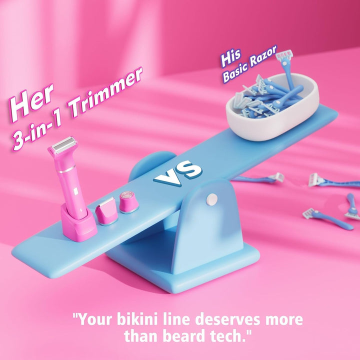 Electric Razors for Women - IPX7 Waterproof Pubic Hair Remover for Shower & Travel, 3-In-1 Bikini Trimmer with Body/Round/Curved Heads, Hypoallergenic Foil & Ceramic Blades, Self-Care Gifts for Her