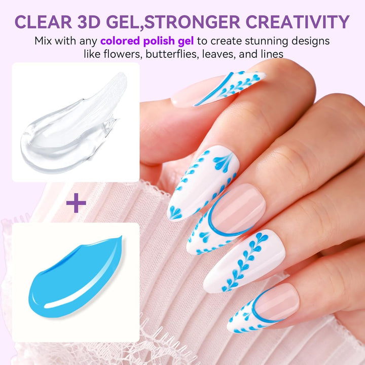 3D Gel Nail Art: Clear 3D Painting Gels for Chrome Powder, 3D Sculpting No Wipe for Gel Nail Polish, 3D Carving Drawing Gels for Nails Art at Home & Salon DIY 0.28 Fl.Oz