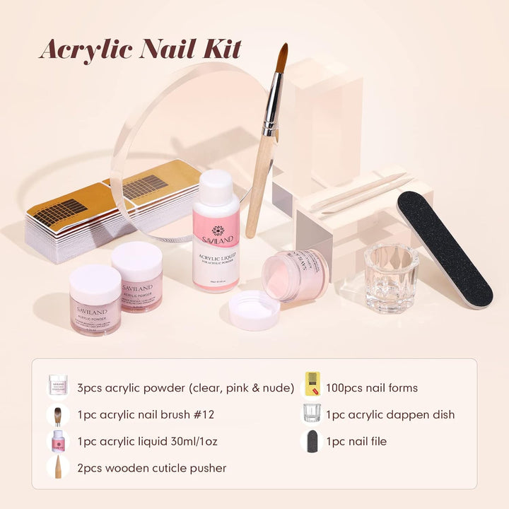 Acrylic Nail Starter Kit: Clear Pink Nude Acrylic Powder & Liquid, Brush, Files, Forms, Press on Nails, Home Practice Set