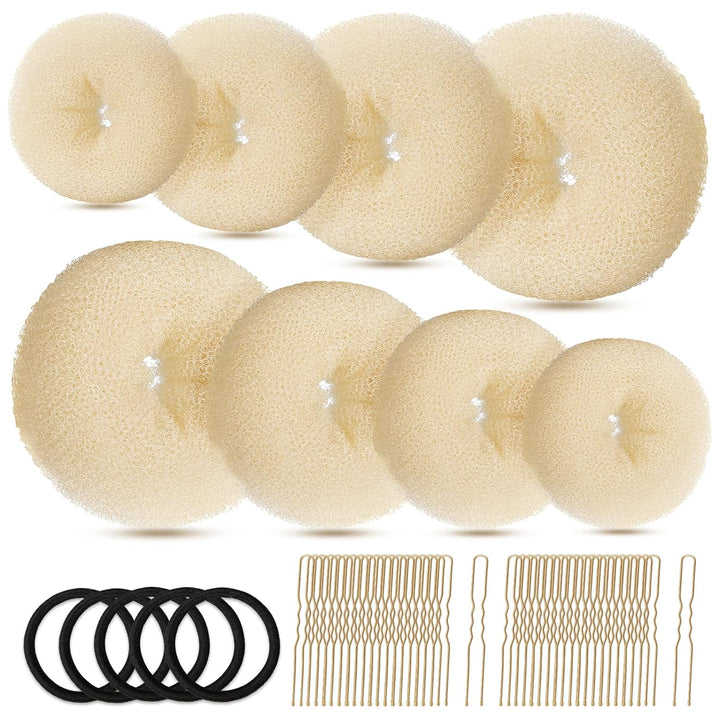 Hair Bun Maker Set, Donut Bun Maker Set with 4Pcs Dark Brown &4Pcs Beige(2 Extra-Large,2 Large,2 Medium and 2 Small), 5 Pieces Hair Elastic Bands, 40 Pieces Hair Bobby Pins (Brown and Gold)