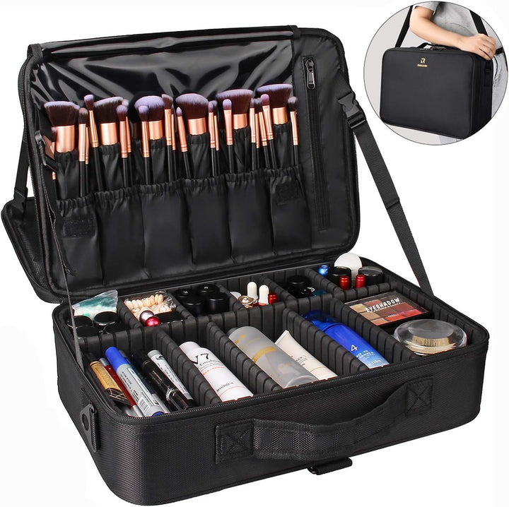 Makeup Case Large Makeup Bag Professional Train Case 16.5 Inches Travel Cosmetic Organizer Brush Holder Waterproof Makeup Artist Storage Box, 3 Layer Large Capacity, with Adjustable Strap