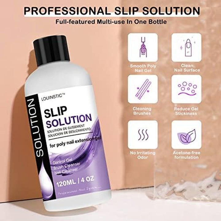 Poly Nail Gel Slip Solution - 4Oz Slip Solution for Poly Nail Extension Gel, Anti-Stick Slip Solution for Nails, Brush Clean Liquid, Easy to Use, Beginners, Home Salon