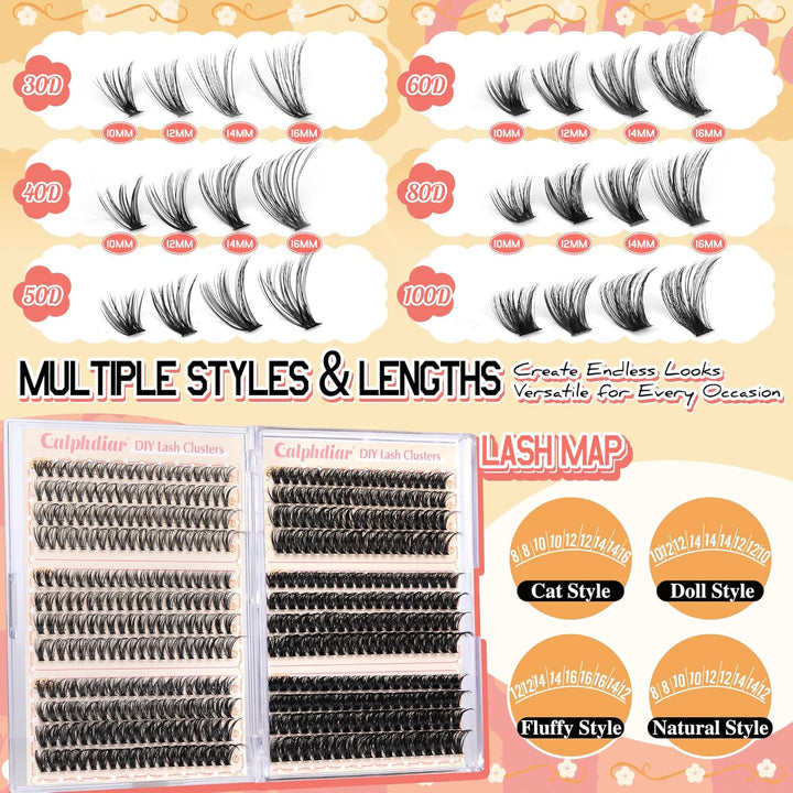 Eyelash Clusters 30D+40D+50D+60D+80D+100D Lash Clusters Wispy Individual Lashes 476PCS D-Curly Lash Extension 10-16MM Natural Lashes Clusters DIY Cluster Eyelash Extensions for Beginners