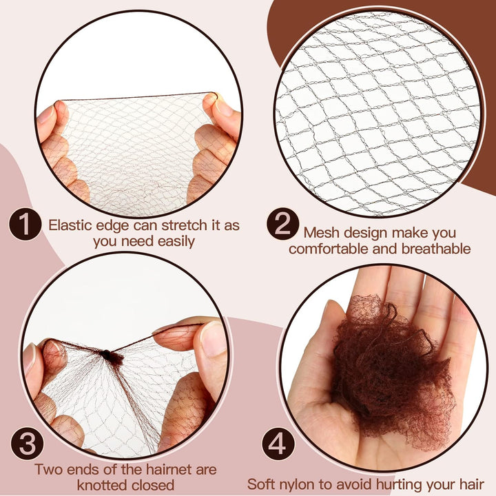 Hair Accessories Set: 20PCS Mesh Hair Nets Invisible and 40PCS U Shaped Hair Pins for Women, Girls, Ballet Bun Maker & Dance (Hair Nets- 20 Inch(50Cm), Hair Pins- 2.4 Inch(6Cm)), Brown