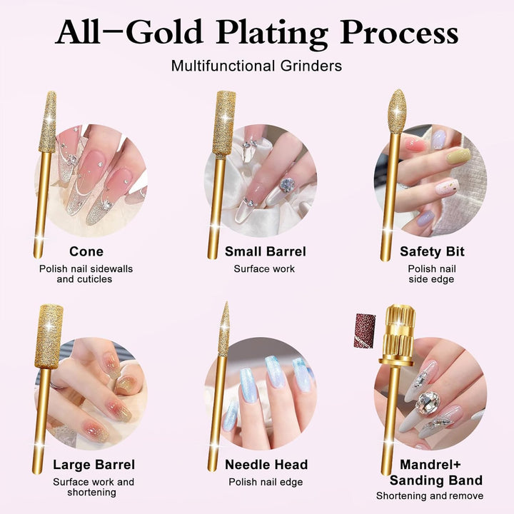 Electric Nail Drill Kit - Portable File for Acrylic Gel Nails, Professional Machine Efile Manicure Pedicure Tools with Gold Drill Bits for Home Salon Use