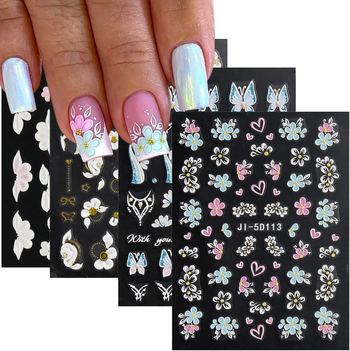 5D Embossed White Flowers Nail Stickers, 5 Sheets Self-Adhesive Floral Nail Decals, Spring Rose Butterfly Nail Art, 3D Acrylic Flowers for Manicure Decor