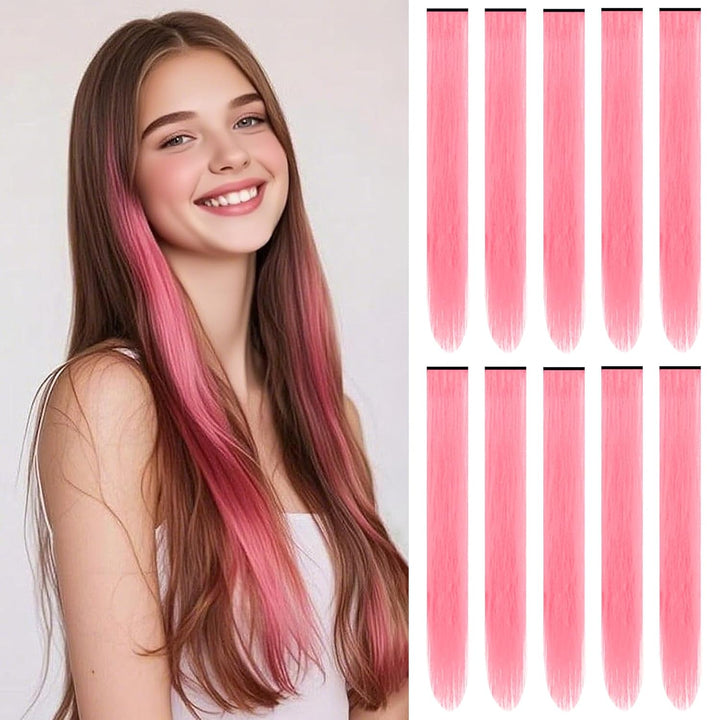 22 Inch Colored Hair Extensions Straight Hairpiece, Colorful Party Highlights Clip in Long Synthetic Hair Extensions for Women Kids Girls Favor Gift(10 PCS Hot Pink)