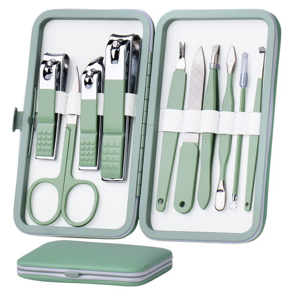 Manicure Set 10 in 1 Stainless Steel, Nail Clippers Scissors Pedicure Tools Kit - Portable Travel Grooming Kit for Men and Women with Leather Case (Jade Green)