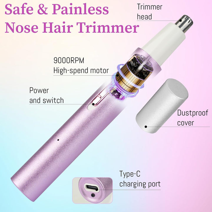 Nose and Ear Hair Trimmer for Women Men,2 in 1 Painless Eyebrow Hair Trimmer with USB Rechargeable,Portble Waterproof Facial Hair Removal with Dual-Edge Blades for Smoother Cutting (Purple)
