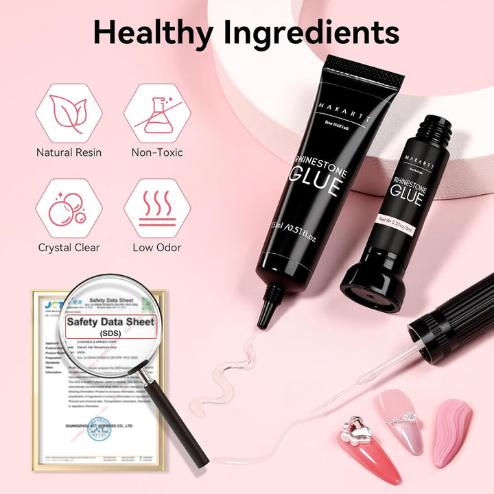 Nail Rhinestone Glue Set - Gel Nail Glue for Rhinestones, 3D Art Design Super Strong Adhesive for Charm Gems Jewel Crystal Beads Diamonds, 15Ml & 8Ml, Easy Use, Cured Need