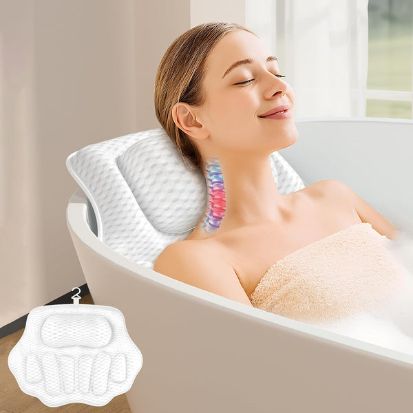 Bath Pillows for Tub, Ergonomic Bathtub Pillow for Head & Neck Relaxation, 4D Air Mesh Bath Cushion with 6 Non-Slip Suction Cups, Fits All Bathtubs (White)
