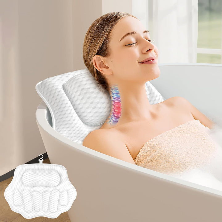 Bath Pillows for Tub, Ergonomic Bathtub Pillow for Head & Neck Relaxation, 4D Air Mesh Bath Cushion with 6 Non-Slip Suction Cups, Fits All Bathtubs (White)