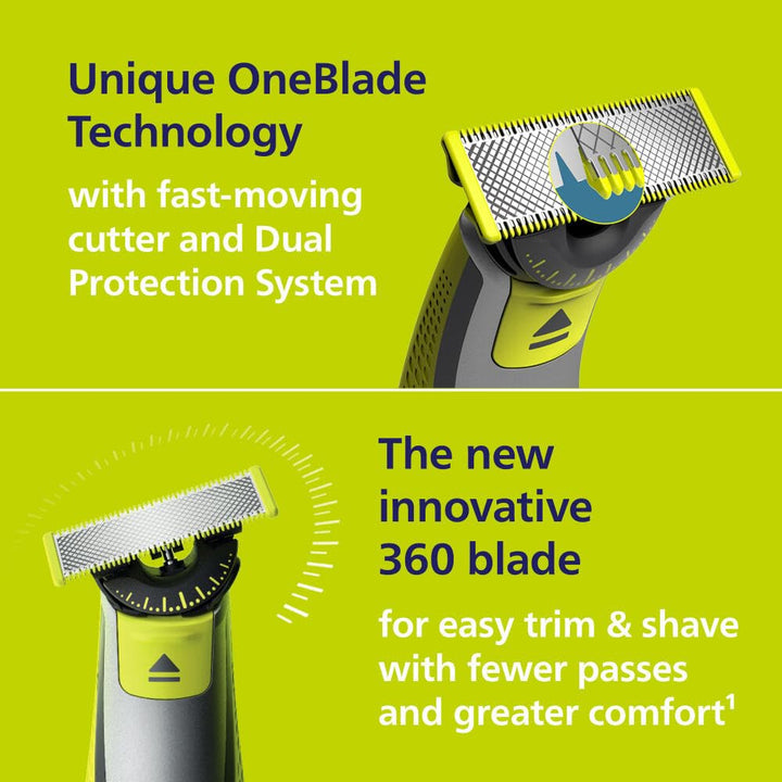 Oneblade 360 Hybrid Blade for Face + Body, Electric Beard Trimmer, Shaver and Groomer, with 360 Blade Technology, 5In1 Adjustable Comb, 1X Body Kit, Model QP2834/70, Black/Lime Green