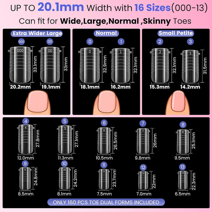 Wide Pre-Etched Square Toe Dual Forms for Polygel, Poly Gel Toenail Forms Molds Extension Reusable,No File Needed,16 Sizes (000-13) with French Guidelines for Salon Home Diy,160Pcs