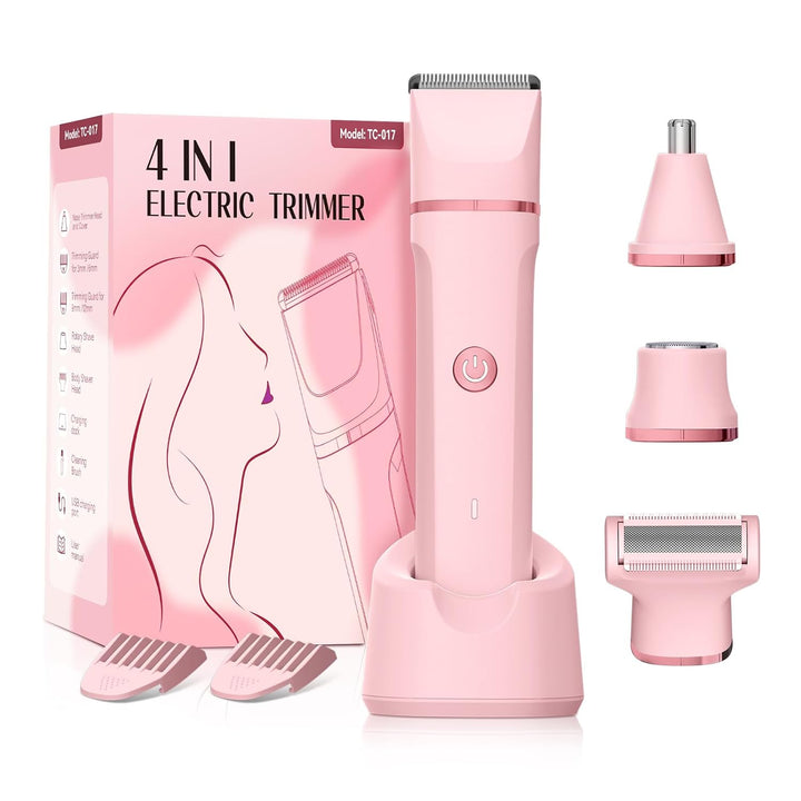 Electric Bikini Trimmer for Women - 4 in 1 Electric Razors for Women, Waterproof Pubic Hair Trimmers and Facial Hair Remover, Replaceable Shaver & Nose Hair Trimmer, Rechargeable Women'S Grooming Kit