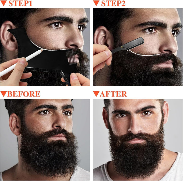 Beard Shaper for Men Beard Shaping Tools - Beard Template Guide, Professional Straight Edge Razor, 10 PCS Double Edge Blade, Barber Pencil, Beard Comb, Stainless Steel Scissor Mustache Lineup Tools