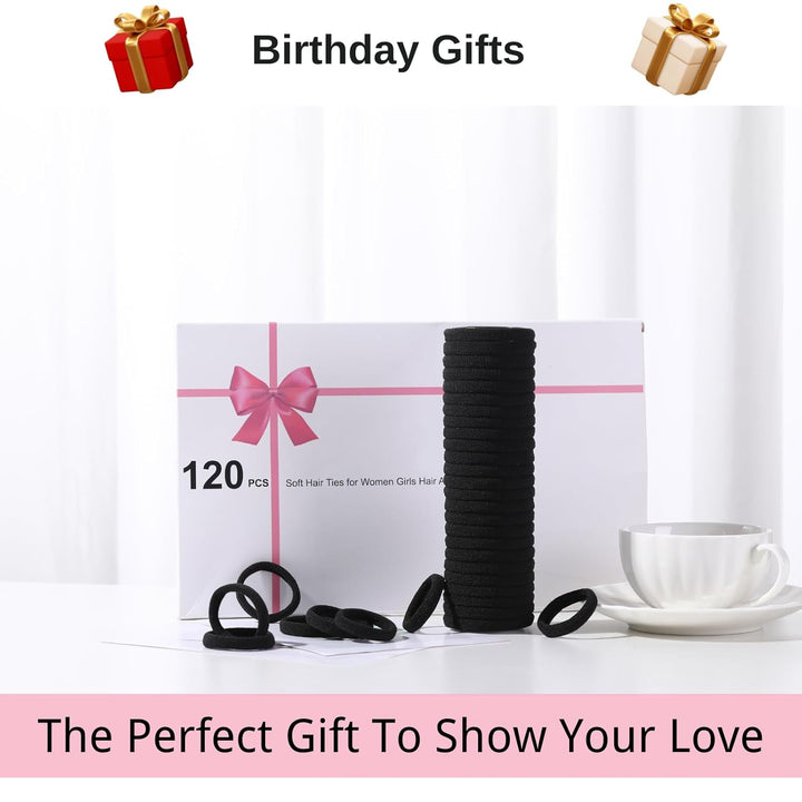 120PCS Black Hair Ties for Thick Hair – Seamless No Damage Elastic Ponytail Holders, Black Hair Band,Bulk Nylon Hair Elastics for Women