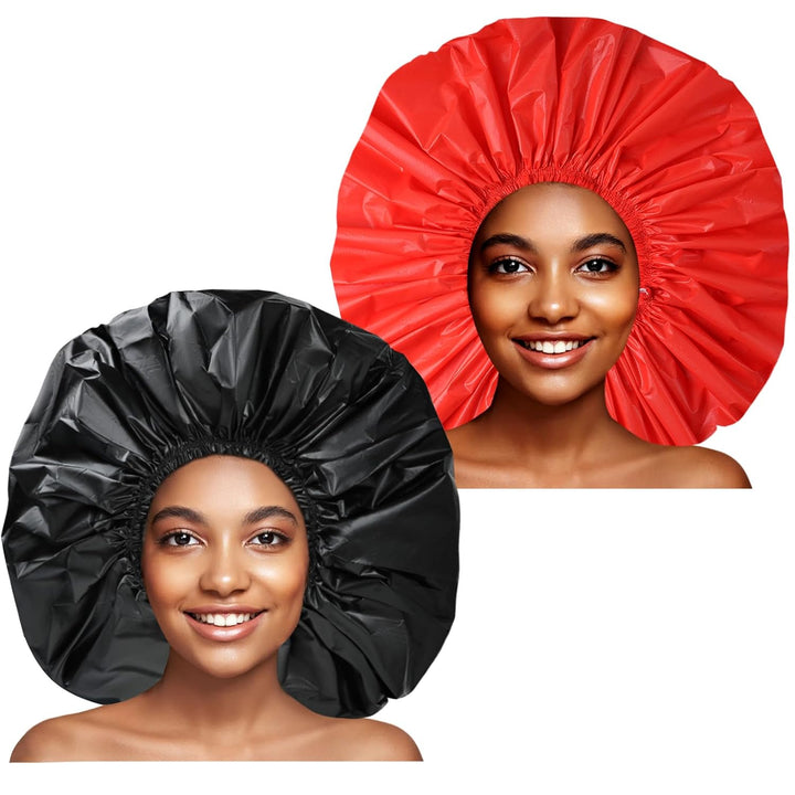 Super Jumbo Shower Cap 2 PCS Waterproof Shower Caps for Women, Extra Large Shower Cap, Reusable Super Large Bath Caps Hair Cap for Long Thick Curly Hair, Locs, Twist Braids - Black + White