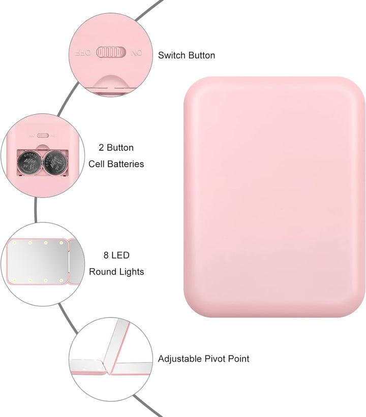Compact Mirror, 1X/3X Magnification LED Pocket Mirror with Nternal Biattery, Mini Mirror for Purse, Pocket,Travel and Present (Pink)