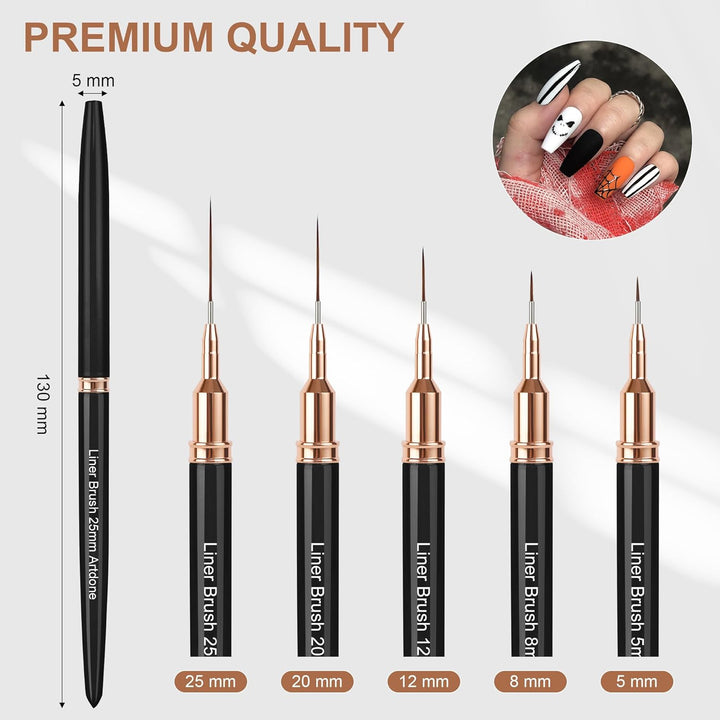 Metallic Nail Art Pens, Liner Brushes Set, 5PCS Black Color Nail Tools for Long Lines, Thin Details, Fine Drawing, Liner Brush UV Gel Polish Painting Nail Design Sizes 5/8/12/20/25Mm