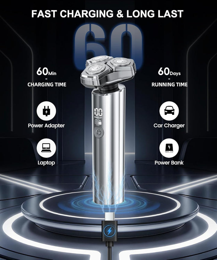 Electric Razor for Men，10,000Rpm High-Speed Motor, IPX8 Waterproof, USB Fast Charging, 5-Min Quick Charge & Travel Lock,Metallic Silver