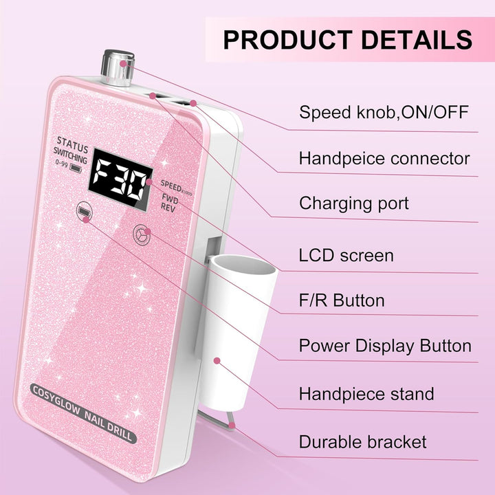 Professional Electric Nail Drill File: Glitter Portable Cordless E-File Nail Drill Kit with 11 Drill Bits,30000 RPM Rechargeable Nail Drills Machine for Acrylic Nails Gel Polishing (Pink)