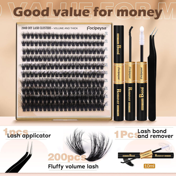Lash Extension Kit Thick Eyelash Extension Kit 10-18Mm Fluffy Lash Clusters 200D Individual Eyelashes Kit with Lash Bond, Lash Remover, Lash Applicator, DIY Lashes Extension