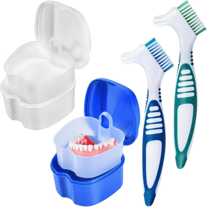 2 Pack Denture Bath Case Cup Box Holder Storage Container with Denture Cleaner Brush Strainer Basket for Travel Cleaning (Light Blue and Blue)