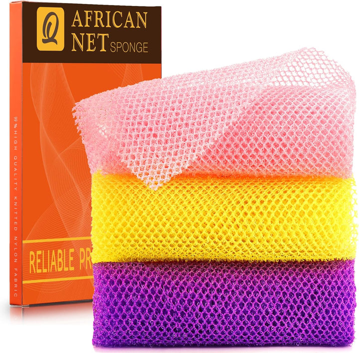 3 Pieces African Bath Sponge African Net Long Net Bath Sponge Exfoliating Shower Body Scrubber Back Scrubber Skin Smoother,Great for Daily Use (Pink,Yellow,Purple)