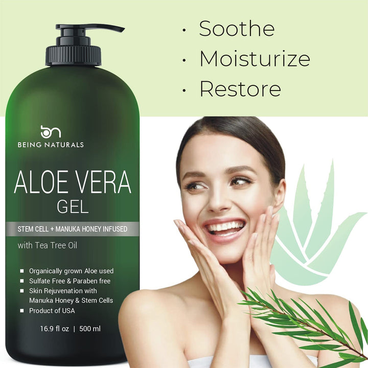 Aloe Vera Gel - from 100% Pure Organic Aloe Infused with Manuka Honey, Stem Cell, Tea Tree Oil - Natural Raw Moisturizer for Face, Body, Hair. Perfect for Sunburn, Acne, Razor Bumps 16.9 Fl Oz
