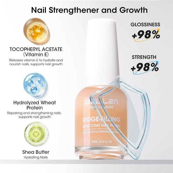 Clear Nail Polish Ridge Filling Base Coat, Nail Strengthener and Growth, Ridge Filler for Nails, Hydrate Strengthen Nourish Damaged Dry Natural Nails, Shea Butter & Vitamin E & Protein Formula