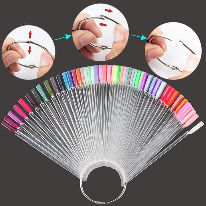 Nail Color Swatches Sticks with Ring, 50Pcs Clear Fan Shape Nail Art Polish Display Tips with Number Stickers False Nail Sample Sticks, Transparent Nail Practice-Tips for Manicure