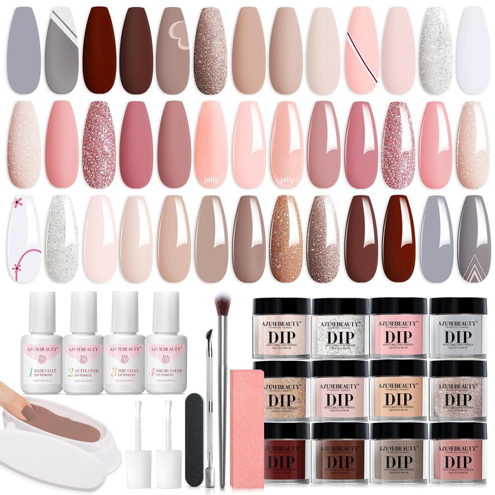 Dip Powder Liquid Set 15Ml/0.5Oz 8 Pcs Dipping Base Activator and Top Coat Brush Saver Nail File Necessary Tools for Dip Kit No Lamp Needed