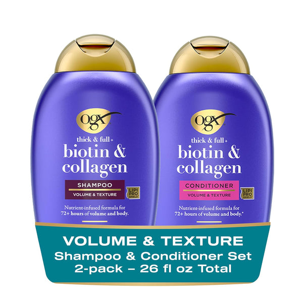 Thick & Full + Biotin and Collagen for Hair Volume & Body, Sulfate Free Volumizing Shampoo & Conditioner Set for Fine & Thinning Hair, Nutrient-Infused, Vitamin B7, 13 Fl Oz, 2 Pack