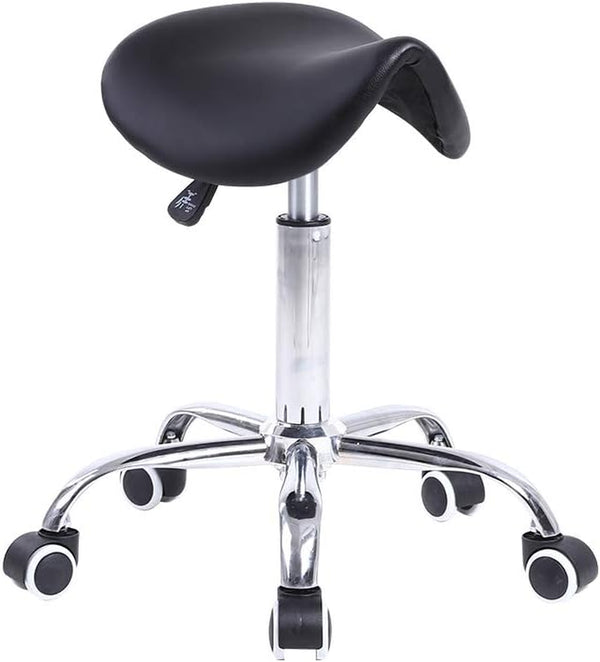 Rolling Saddle Stool PU Leather Swivel Adjustable Rolling Stool with Wheels Salon Chair Black