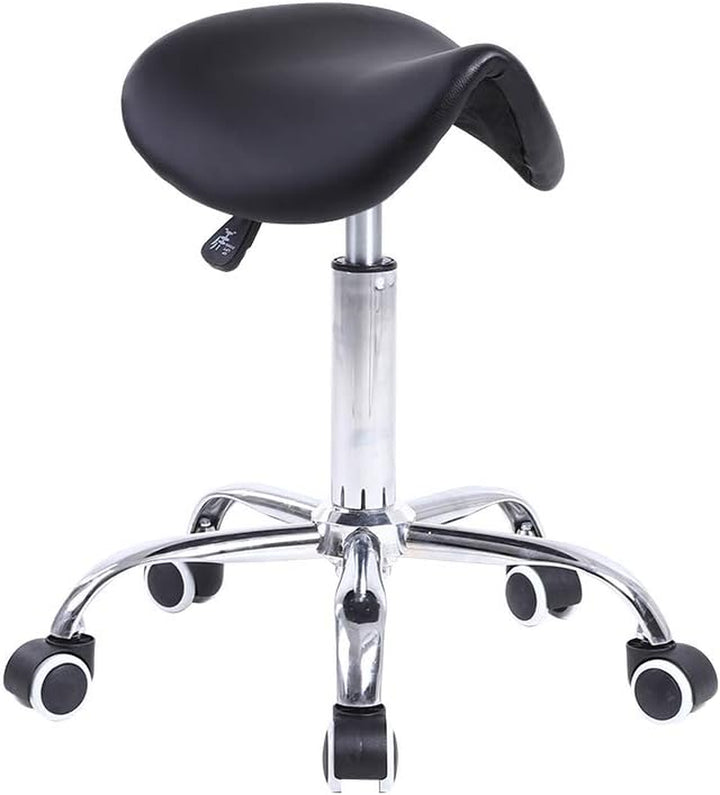 Rolling Saddle Stool PU Leather Swivel Adjustable Rolling Stool with Wheels Salon Chair Black