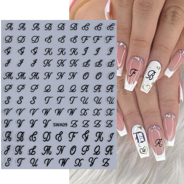 Letter Nail Stickers, 8 Sheets Old English Letter Nail Decals 3D Self-Adhesive Gold Silver Black White Retro English Pattern Old Alphabet Cursive Design Manicure Nail Accessories for Women Girls