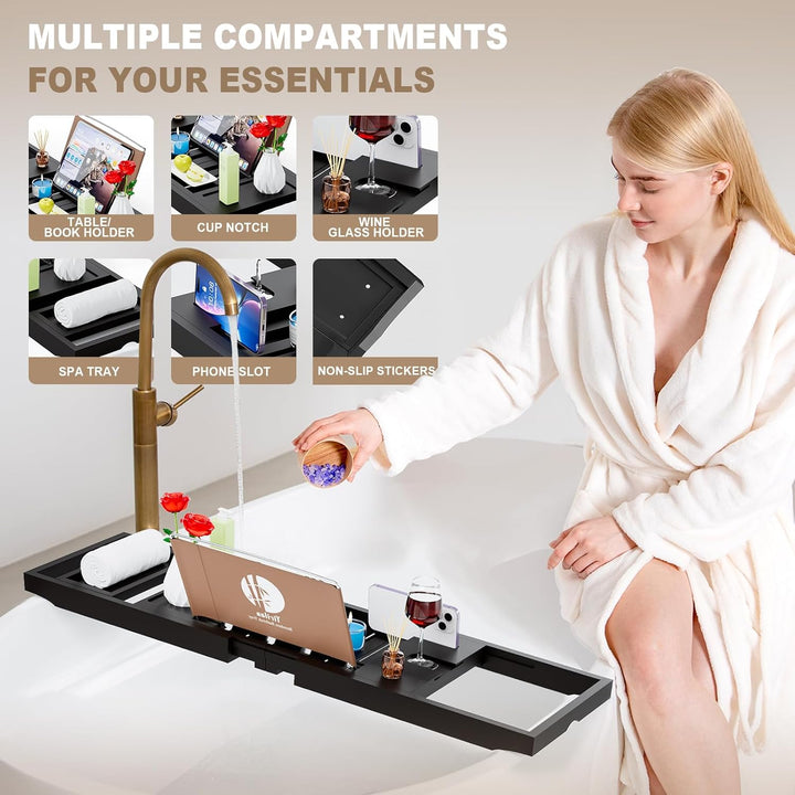 Foldable Bathtub Caddy, Expandable Bath Tray, Unique House Warming Gifts, New Home, Anniversary and Wedding Gifts for Couple, Black-New