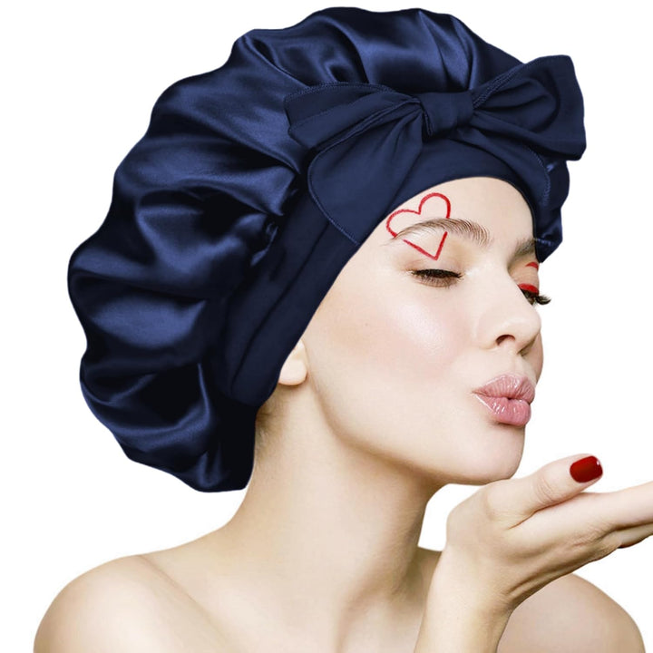 Silk Bonnet for Sleeping Women, Ajustable Hair Bonnet for Curly Hair with Tie Band Shower Caps Black，Large