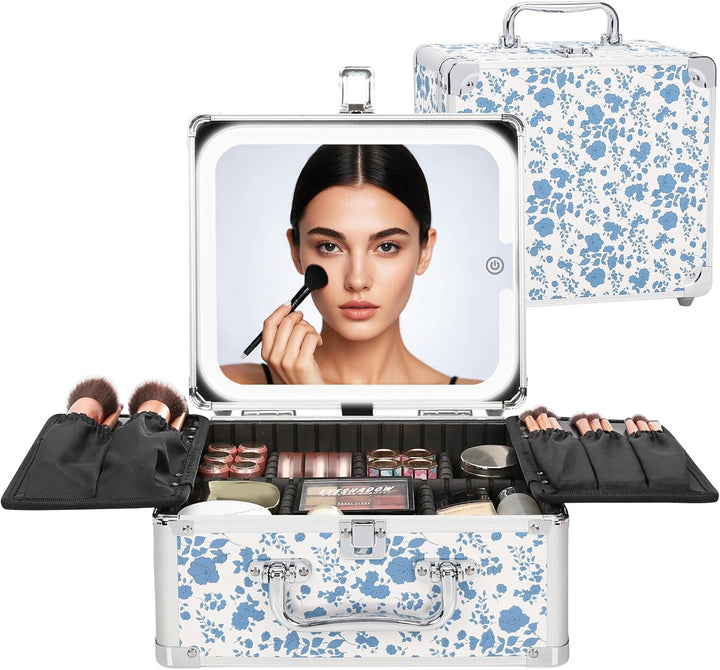 Makeup Bag with LED Mirror, Makeup Box Travel Train Case with Rechargeable Lighted Mirror & Adjustable Dividers, Cosmetic Brush Organizer Storage for Makeup Artists Gifts for Women and Girls