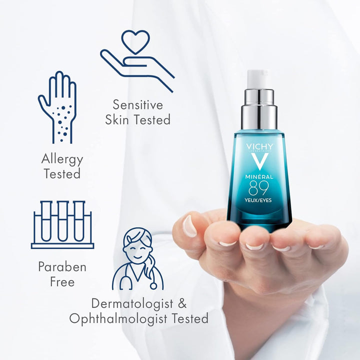 Vichy Mineral 89 Eye Serum, Hyaluronic Acid and Caffeine Cream, under Eye Cream for Dark Circles, Hydrating & Puffiness Reducer, Opthalmologist Tested