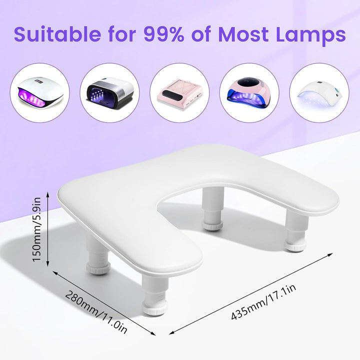 Big Arm Rest for Nails Tech: 2Nd Generation U-Shaped Manicure Nail Arm Rest Stand Height Adjustable Armrest Microfiber PU Leather Hand Rest Pillow for Acrylic Nails (White)