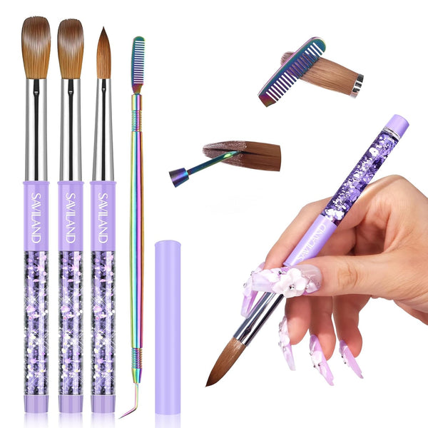 Kolinsky Acrylic Nail Brush Set: Size 6,10,14 Professional Manicure Brushes with Cleaner Tool & Purple Handle for Acrylic Powder,Nail Extensions & 3D Carving - Salon & DIY Nail Art Essentials