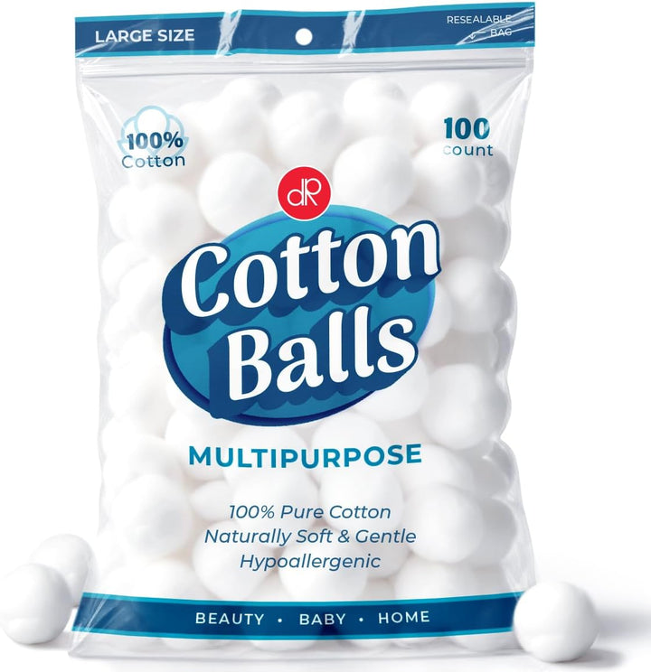 100 Count [Large Size] Cotton Balls, 100% Pure Cotton for Nail Polish and Make-Up Removal, Applying Oil Lotion or Powder, Perfect for Multi-Purpose Use, Soft and Absorbent (100 Count)