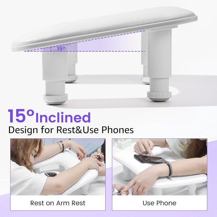 Big Arm Rest for Nails Tech: 2Nd Generation U-Shaped Manicure Nail Arm Rest Stand Height Adjustable Armrest Microfiber PU Leather Hand Rest Pillow for Acrylic Nails (White)