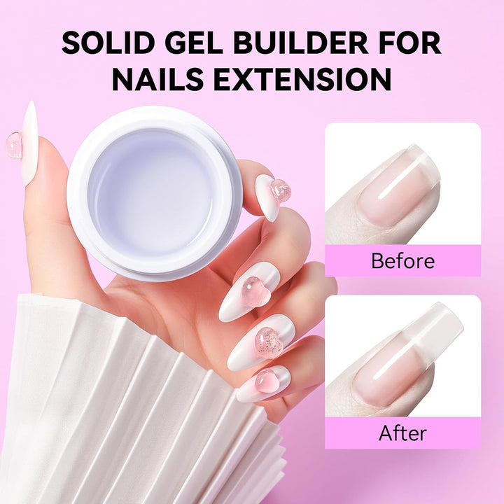 3D Gel Nail Art: Clear Solid Builder Nail Gel 4 in 1 Non-Sticky for Extension UV Glue for Acrylic Nails Rhinestones 3D Sculpting Hard Gels UV/LED Lamp Required 15Ml