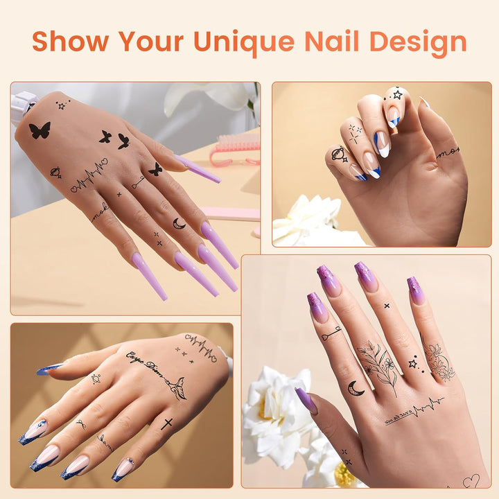 Practice Hand for Acrylic Nails: Realistic Silicone Nail Hand Practice with Tattoo Stickers - Flexible Fake Hand Mannequin Nail Hand Kit for Beginners