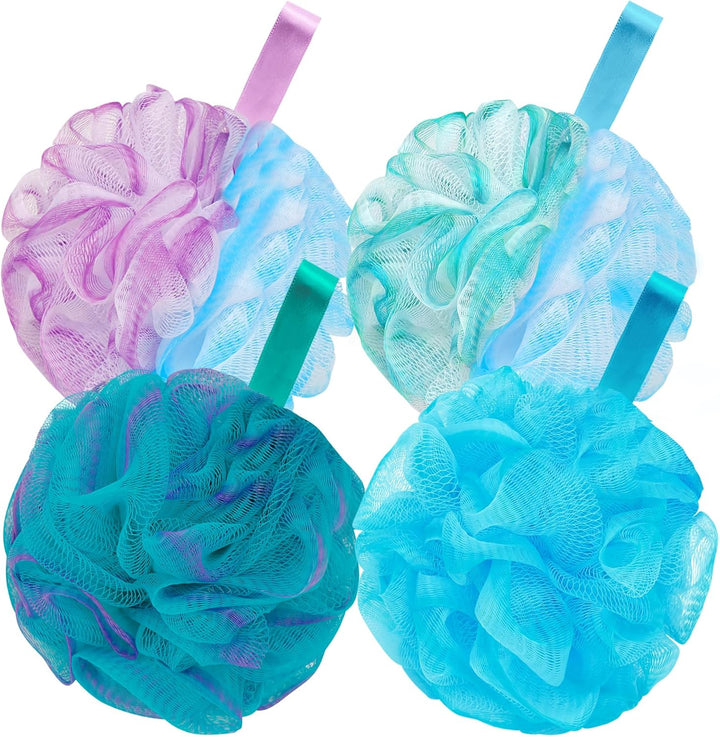 Bath Loofah Shower Sponge Body Back Scrubber Soft Mesh Shower Puffs Exfoliating Loofa for Women & Men Bath Accessories Cleaning Tool (Pack of 4 60G Loofah, Dark Elf)